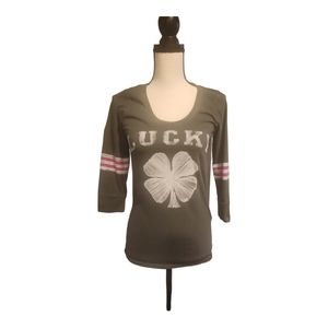 LUCKY BRAND Olive Varsity Stripe Clover 3/4 Sleeve Scoop Neck Casual T-Shirt S